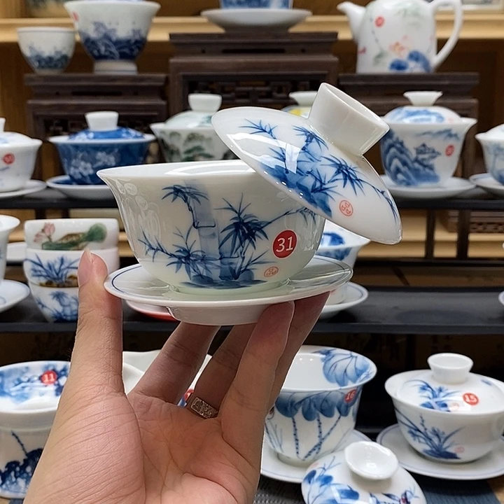 手绘竹子悬停盖碗高温瓷釉下彩微瑕福利款