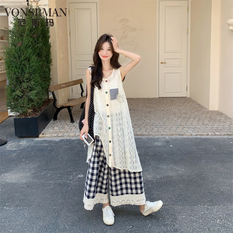 清冷松弛感蕾丝T恤格子阔腿裤套装女夏不撞款小众超火两件套chic