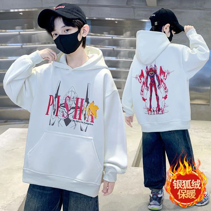 男童加绒连帽卫衣秋冬2025新款中大童洋气宽松帅气男孩加厚上衣潮