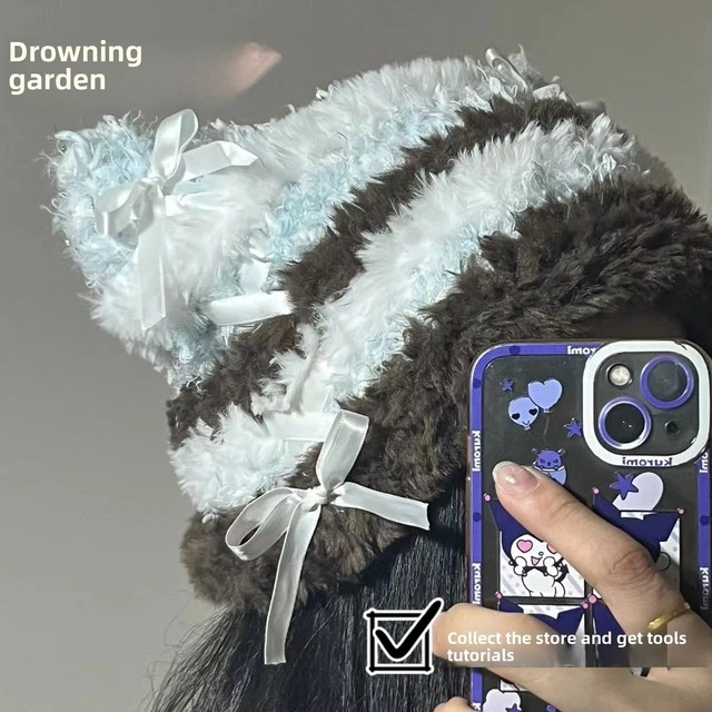 溺水小苑自制手工钩针编织手混线拼色毛绒芭蕾猫耳帽diy材料包