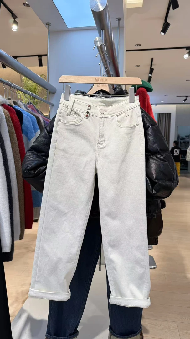 6130烟管裤高腰加绒长裤静奢风牛仔裤百搭直筒裤中裤白色