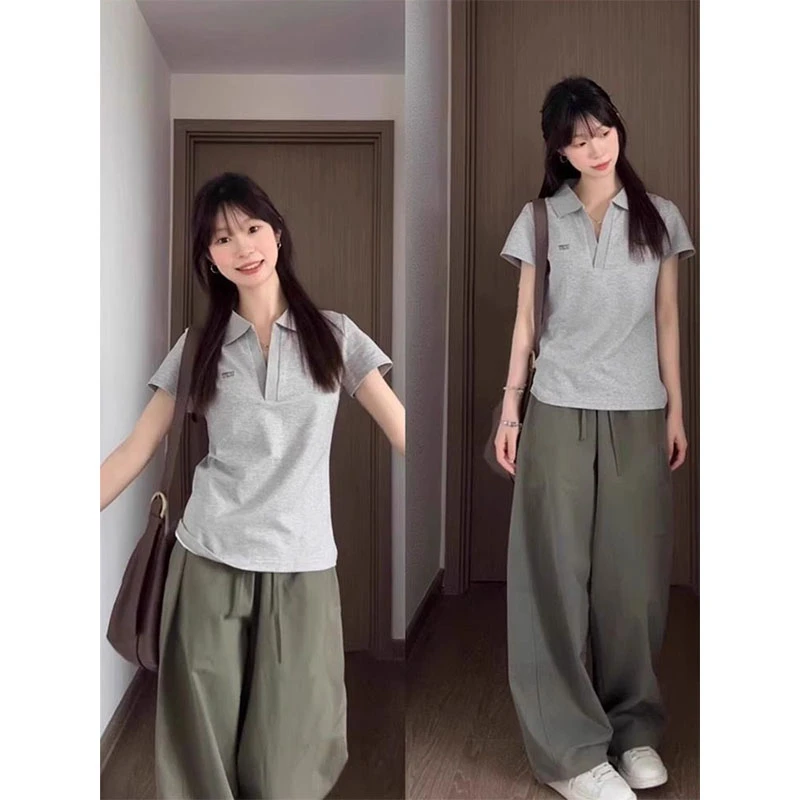 小众灰色polo领短袖T恤女夏季美式运动风小个子百搭修身显瘦上衣
