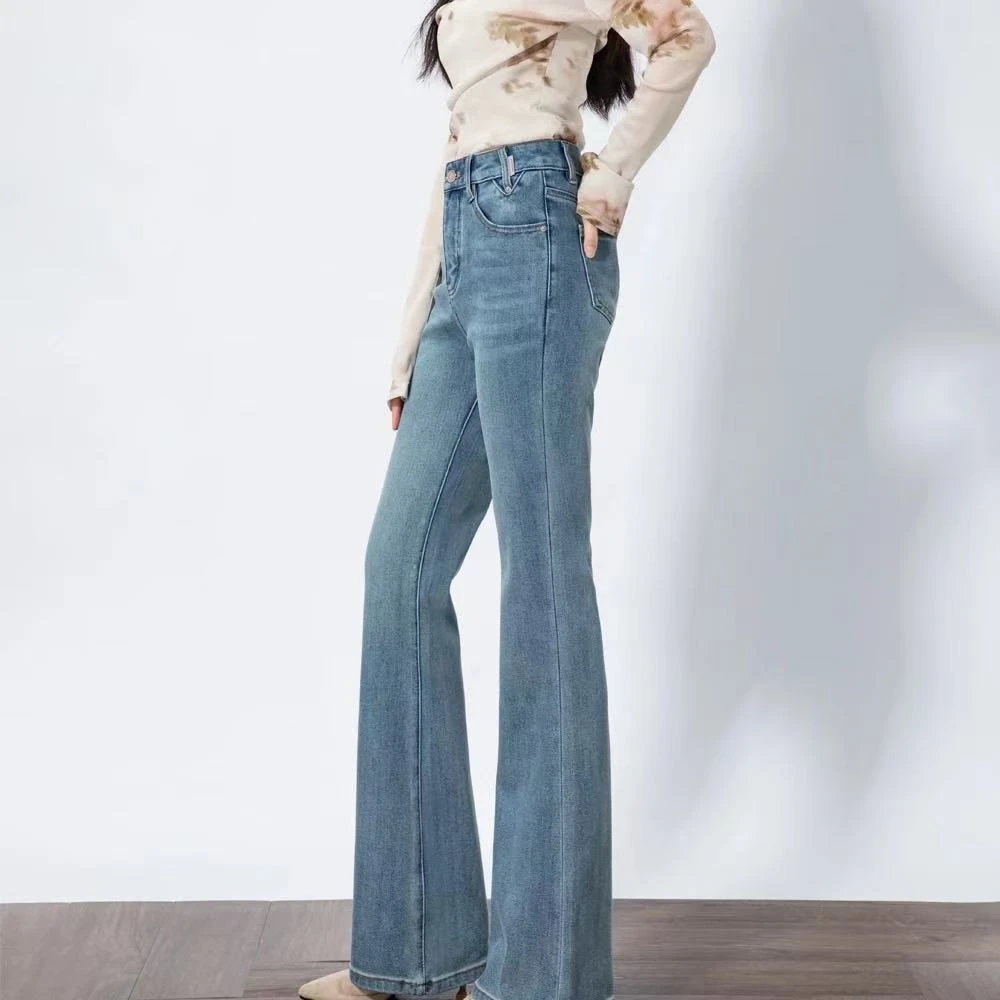 JEANS碧落蓝高腰微喇裤牛仔裤女款微喇女装长裤百搭显瘦百搭