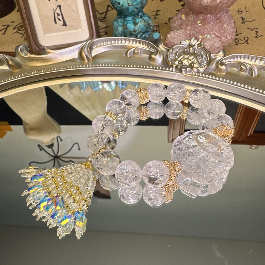 白阿塞水晶手串搭配白水晶狐牌1235 颜色微差 多样性发一