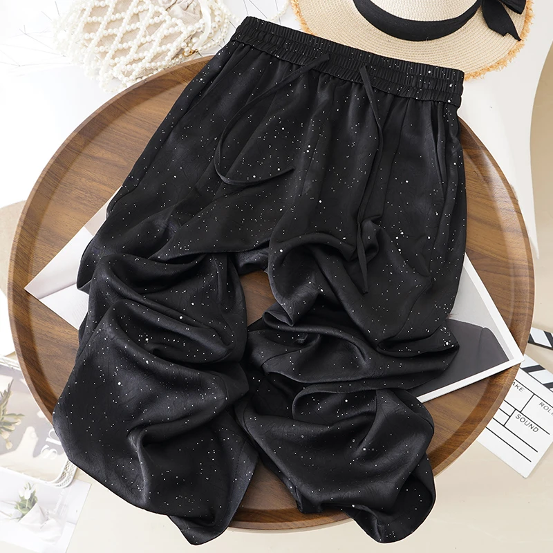 冰丝缎面直筒休闲裤女夏季薄款2025新款高腰垂感凉凉窄版阔腿裤子