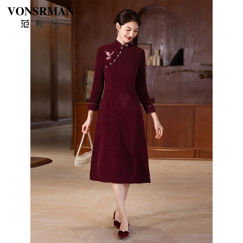 新中式红色旗袍裙2025秋季新款时尚国风高级感气质修身减龄中长裙