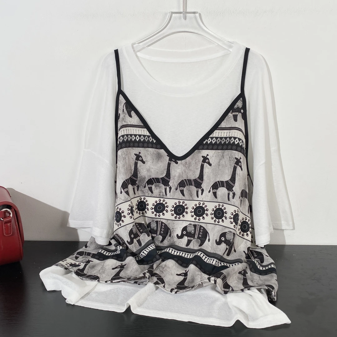 小韩日记【椿野初见】两件套短袖时尚休闲百搭印花套头韩版复古3568