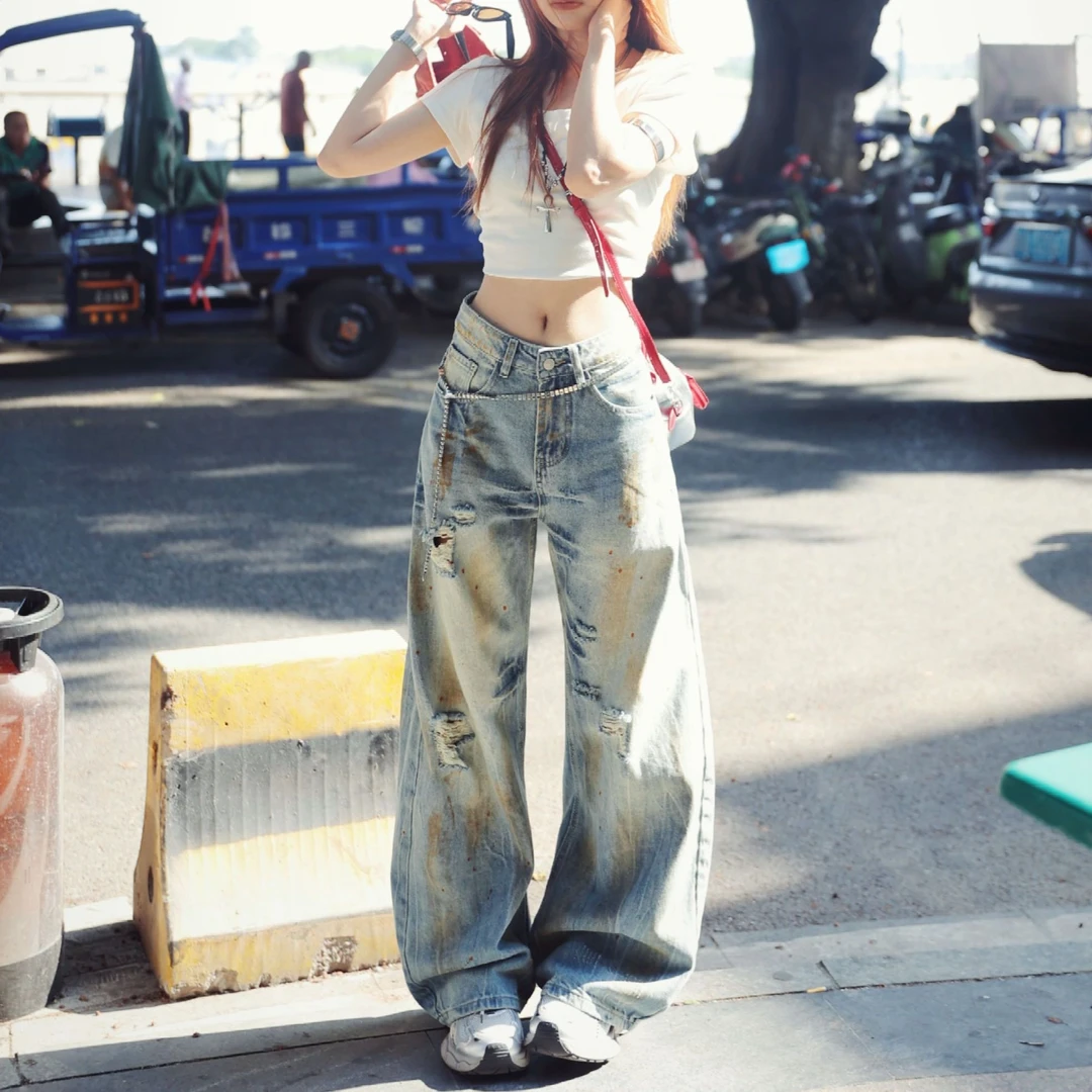 美式高街慵懒松弛感废土风牛仔长裤小弯刀宽松版设计感男女款