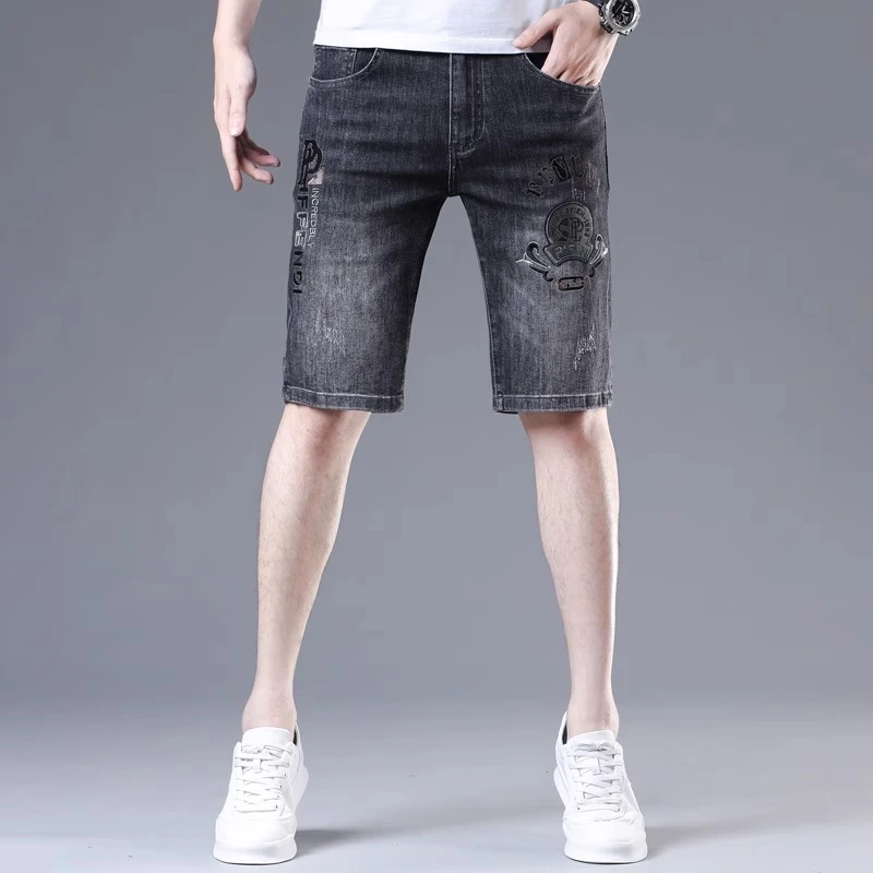 欧洲站薄款刺绣五分裤牛仔裤男夏季修身短裤5分中裤潮牌休闲马裤