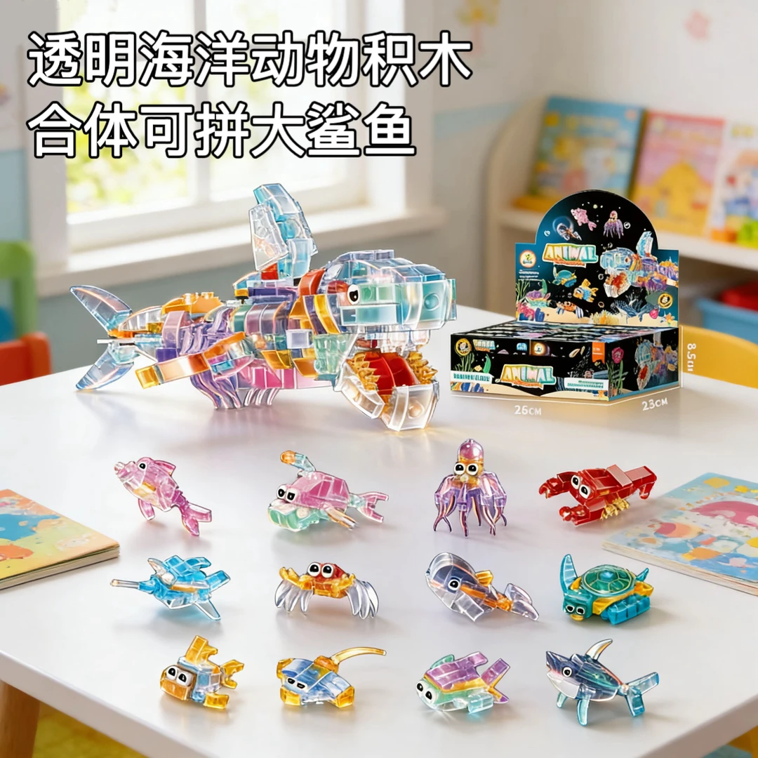 圣诞礼物透明海洋动物积木小颗粒拼装3-14岁儿童益智玩具生日礼物