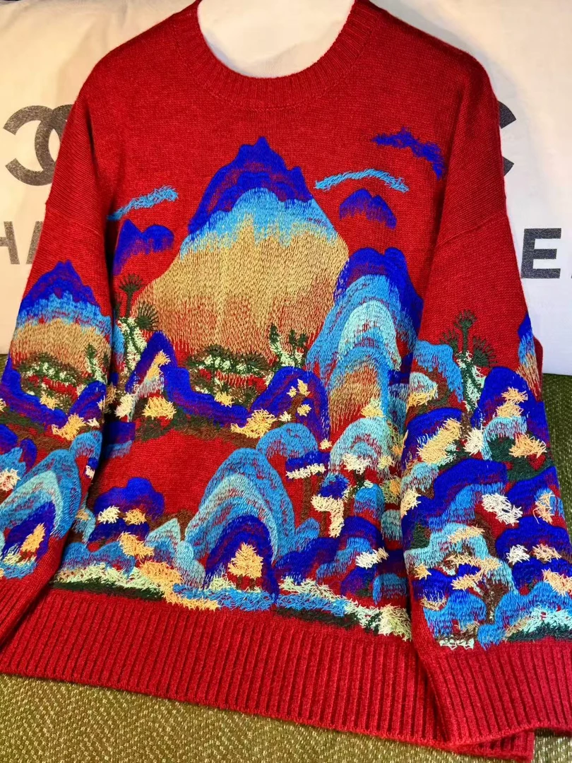 100羊绒✦国风水墨晕染大山女士宽松圆领长袖保暖针织上衣秋冬