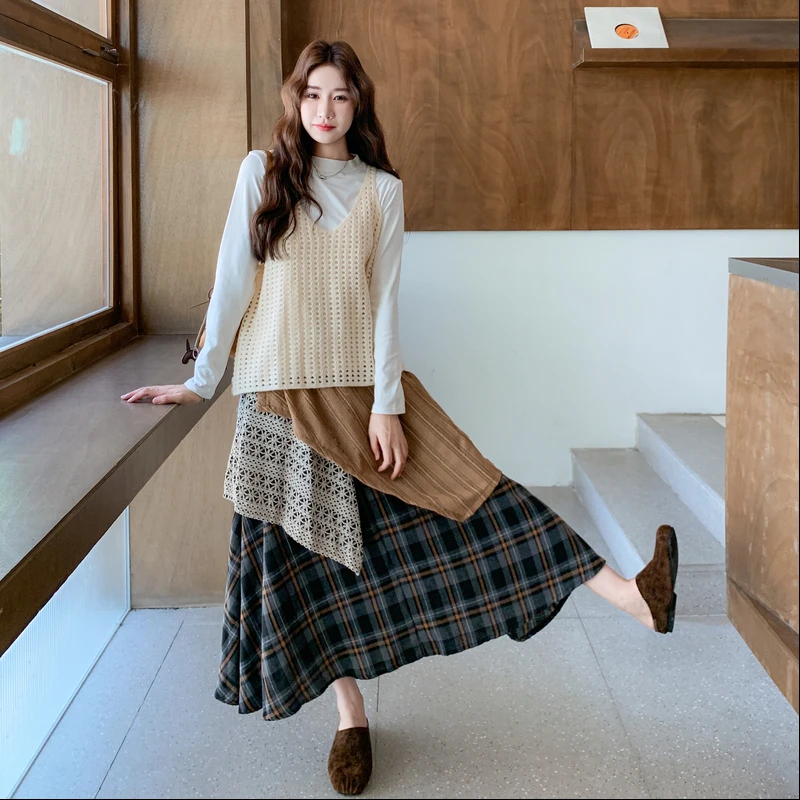 复古重工蕾丝拼接不规则半身裙套装女秋冬高腰显瘦大摆格子a字裙