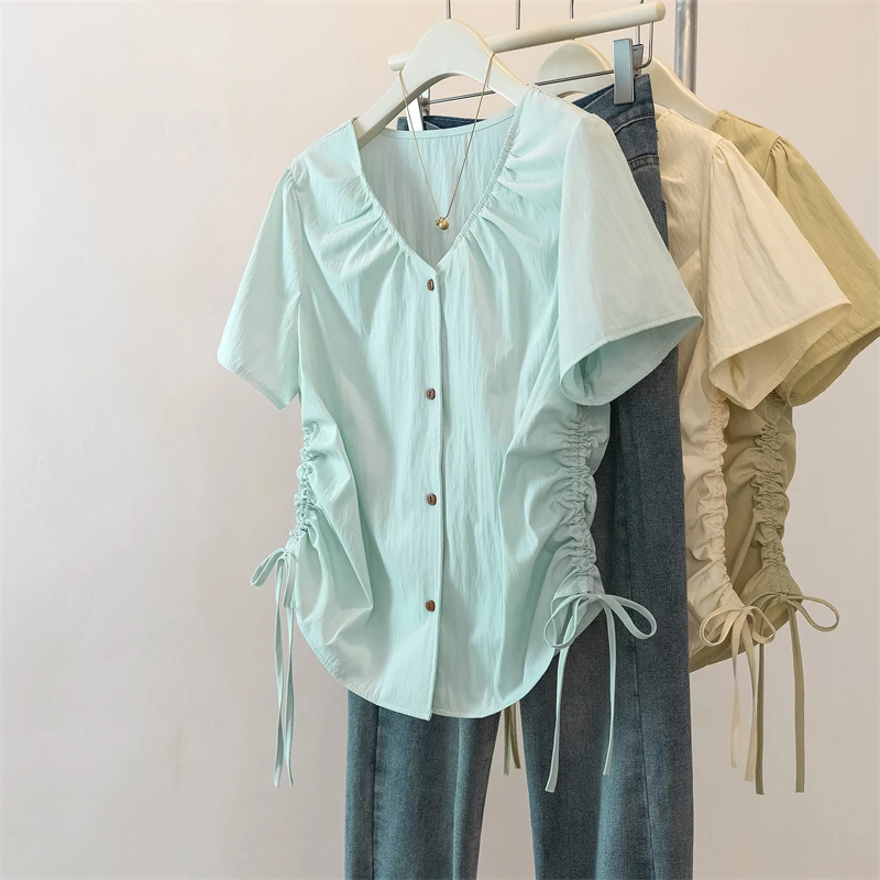 夏新款V 领单排扣抽绳系带设计洋气短袖上衣衬衫