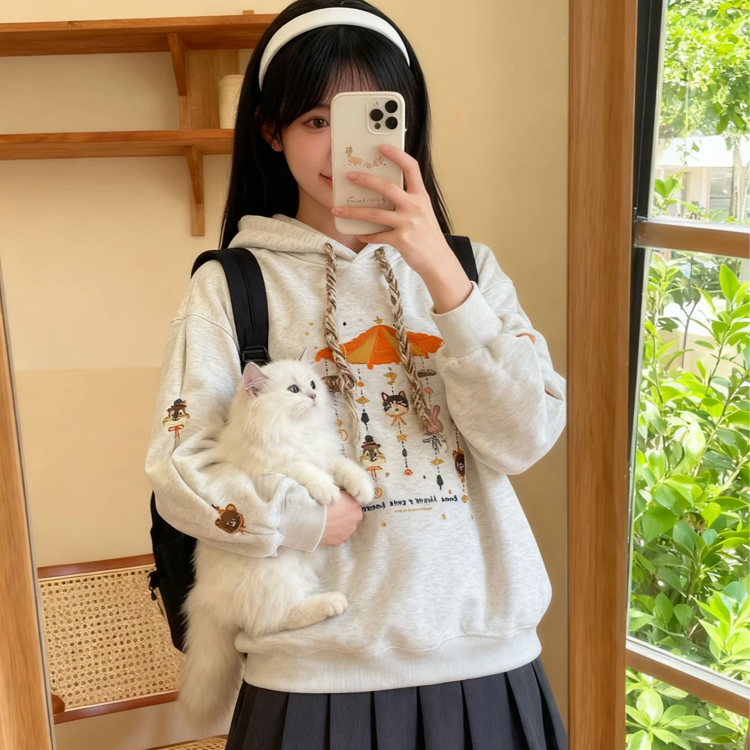 大码300斤韩系设计卡通刺绣连帽卫衣男女2025款加绒加厚情侣上衣