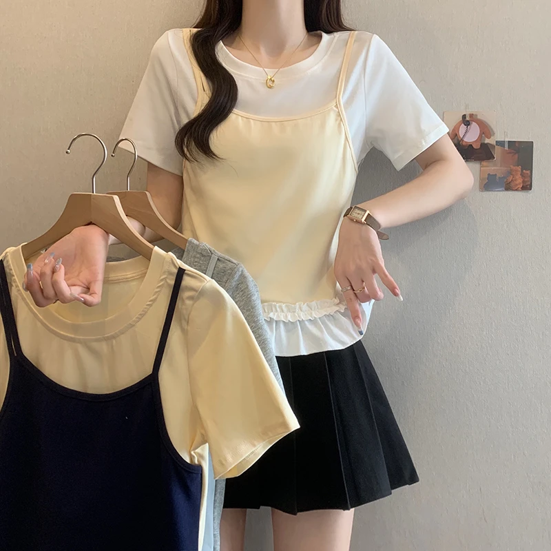 大码胖mm正肩撞色拼接吊带假两件上衣夏季修身减龄显瘦短袖上衣