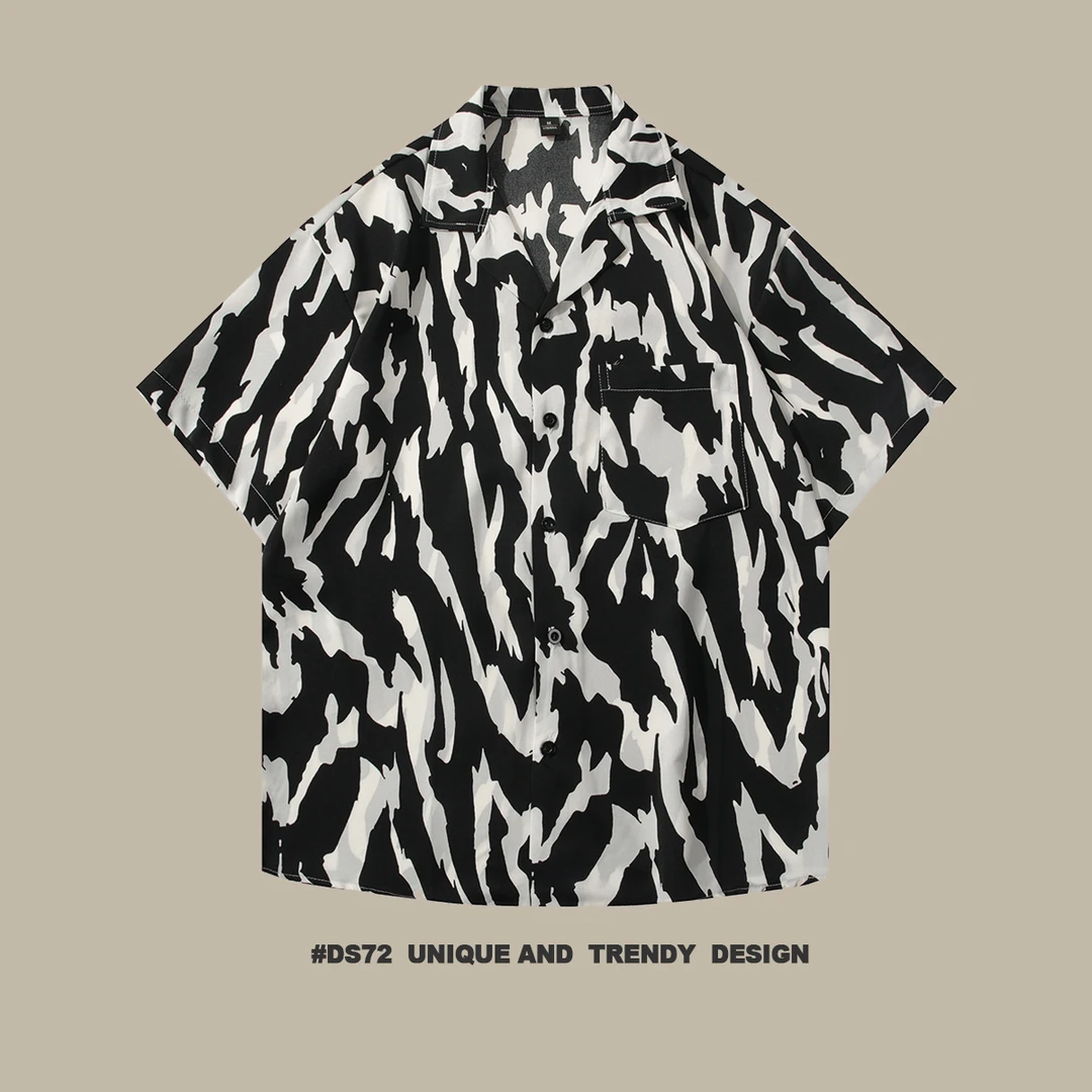 古巴领短袖衬衫男夏季速干冰丝痞帅男士衬衫凉感轻薄透气扎染衬衣