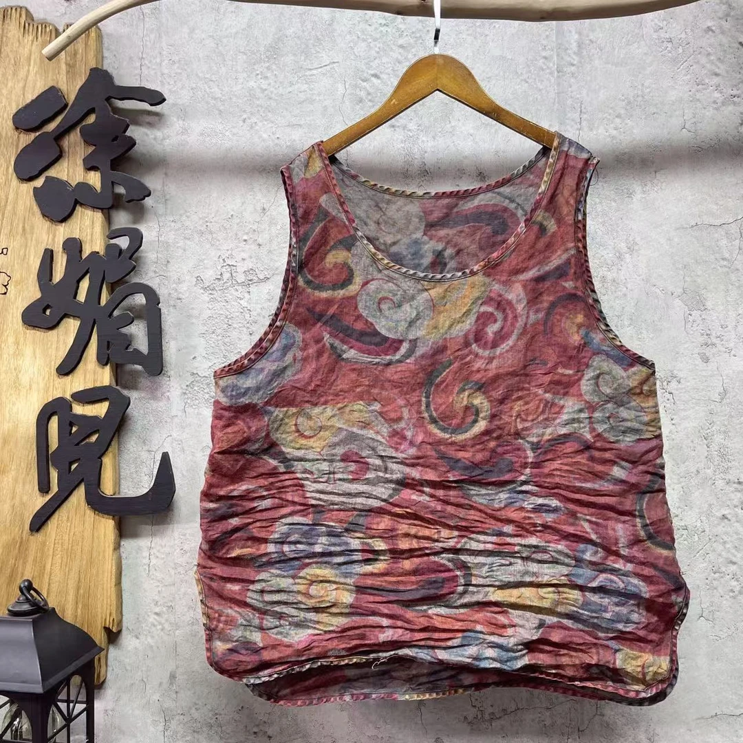 媚儿~原创复古苎麻炒色数码印花背心（衣长70 胸围110）