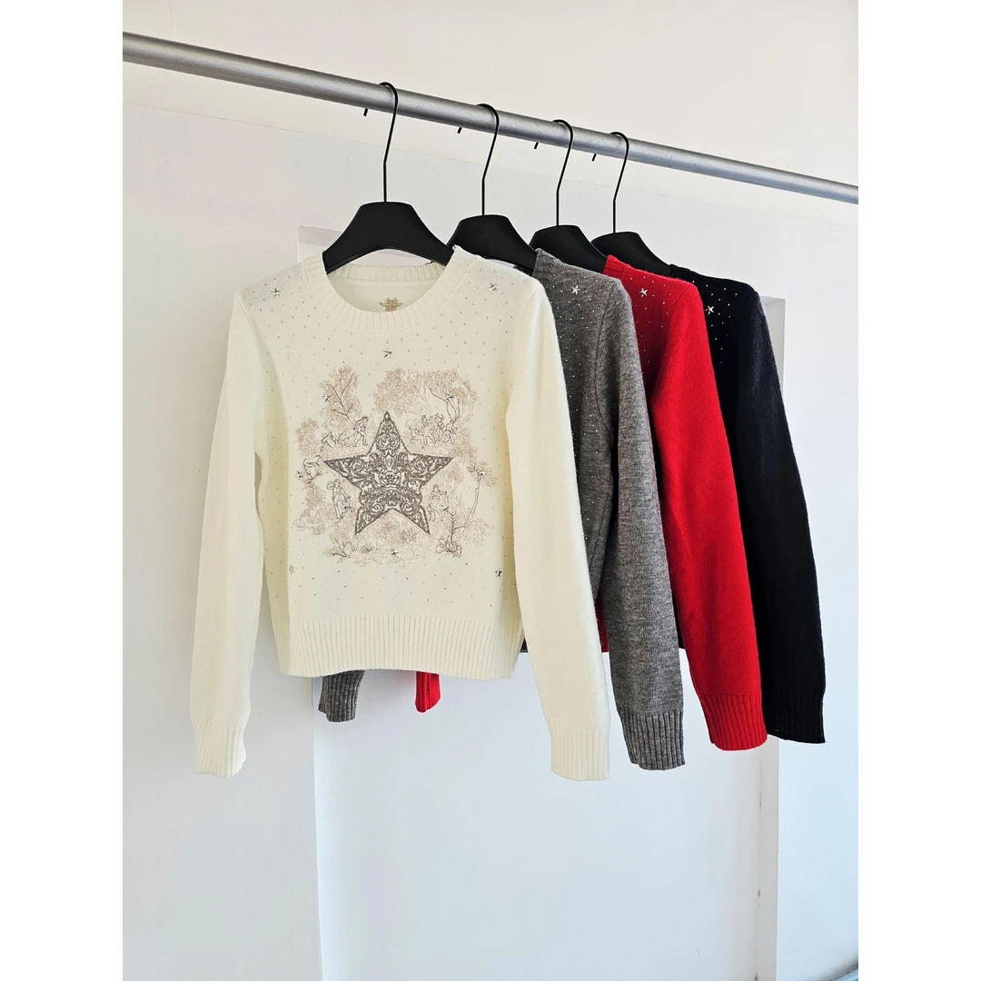 南油千金轻奢小香风高级感万针刺绣圆领针织衫女早春烫钻毛衣