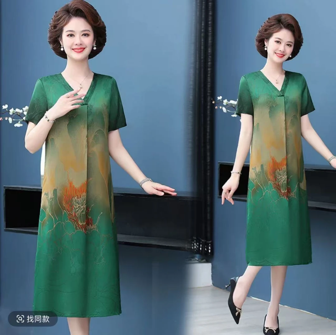 （绿意盎然）重磅国风气质洋气时尚显瘦短袖优雅宽松中长款连衣裙