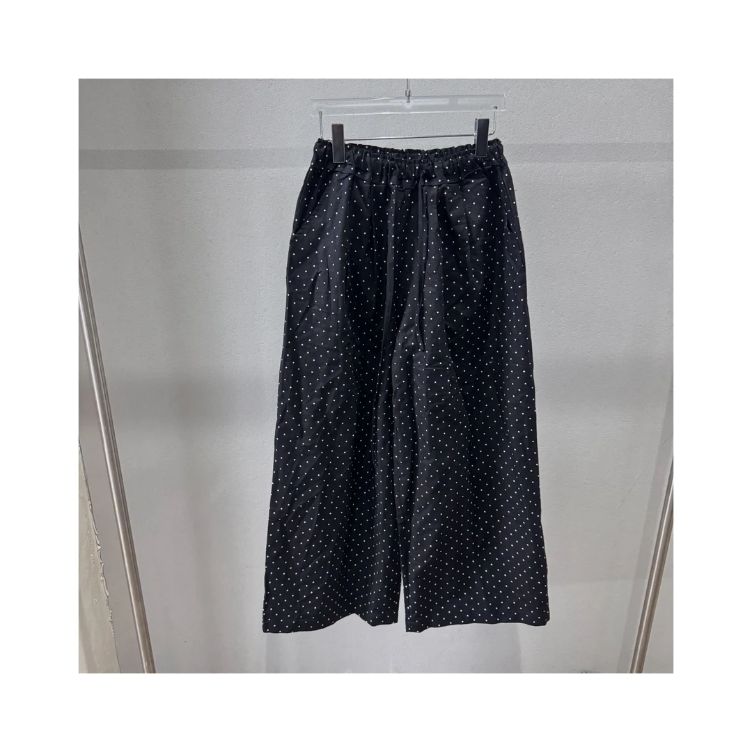 黑小波点棉麻阔腿裤