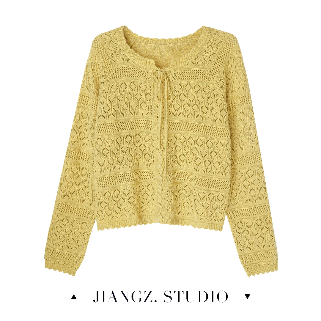 panii【初禾】夏季时尚百搭系带气质长袖针织衫设计感显瘦镂空开衫
