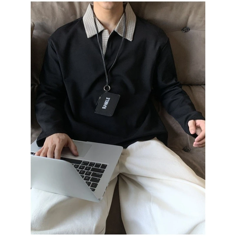 老钱风加大码300斤千鸟格翻领衬衣初秋男女假两件拼接长袖上衣T恤
