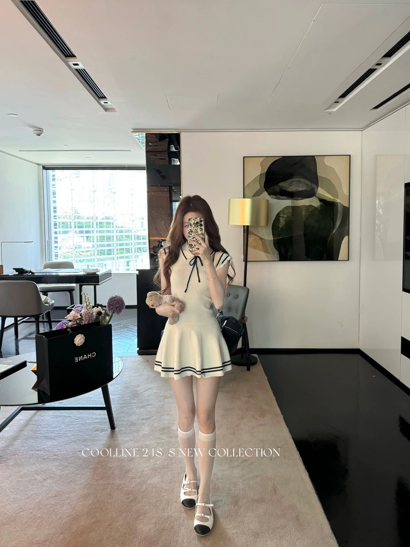 恋夏告白学院海军风小飞袖软糯针织系带针织上衣连衣裙女