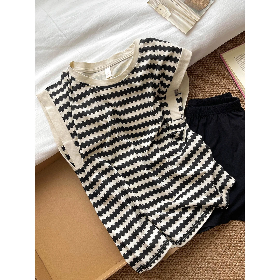 韩版休闲大码条纹无袖带胸垫背心睡衣女夏季慵懒可外穿家居服套装