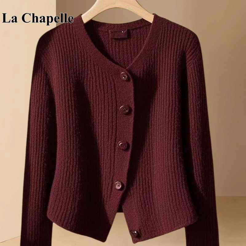 拉夏贝尔韩系小香风上衣独特高级感超好看棕红色针织毛衣外套冬季