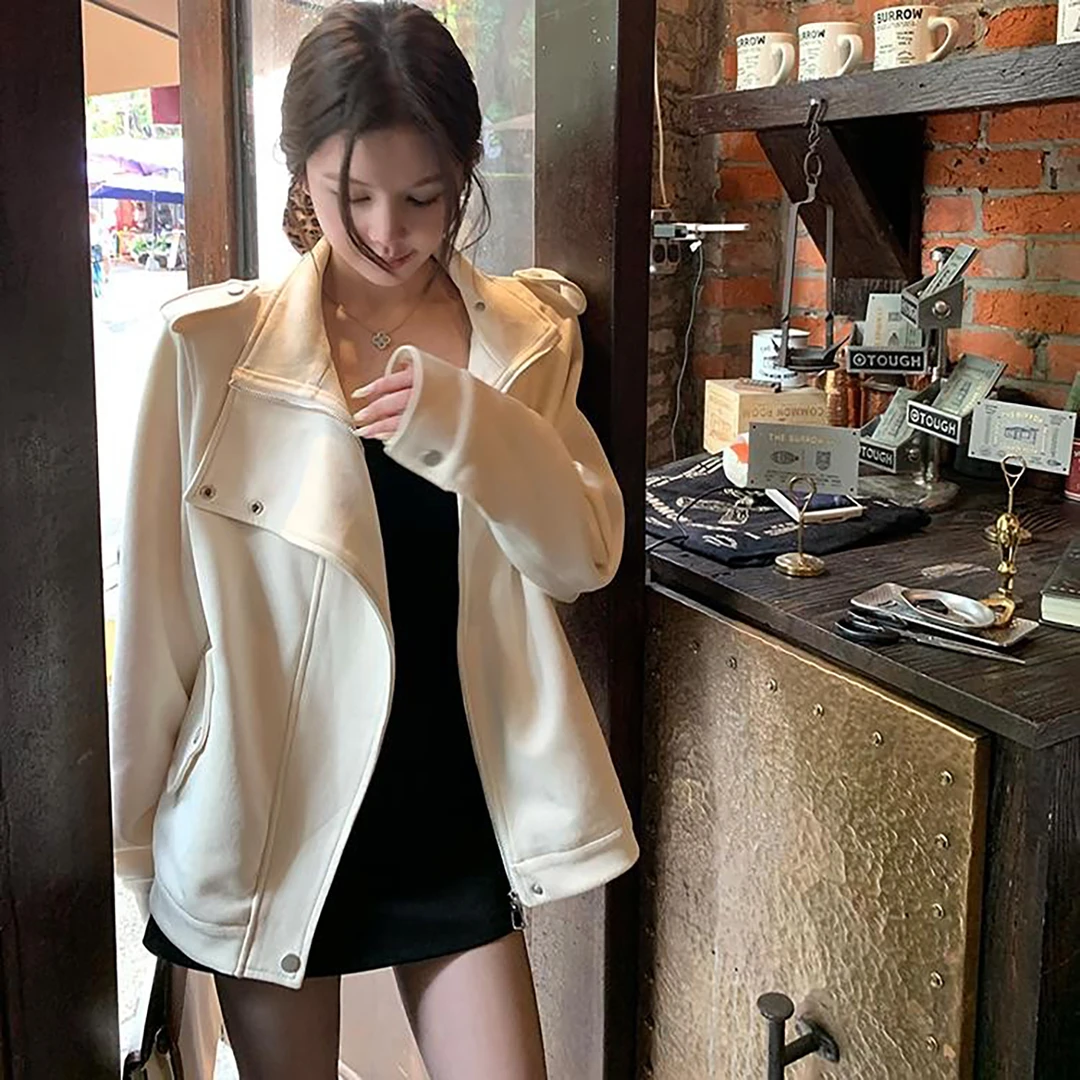 titi小姐姐【白巧恋人】麂皮外套女秋米白色设计感机车风宽松夹克