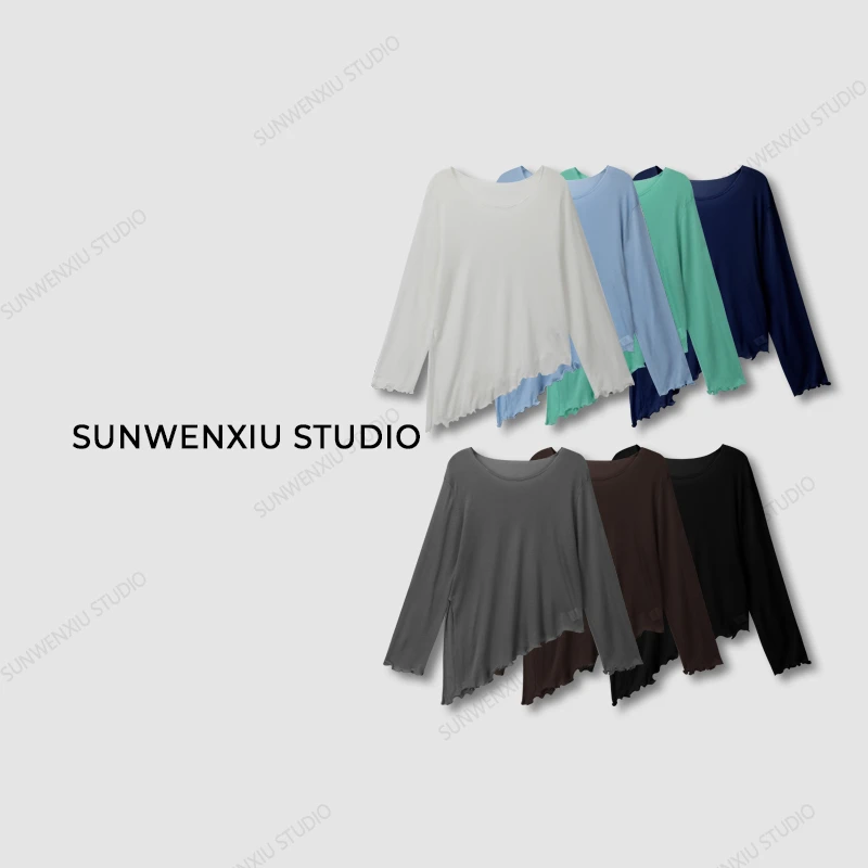 swx studio3店 ”小木耳“100%莱赛尔天丝不规则下摆开叉多色针织衫