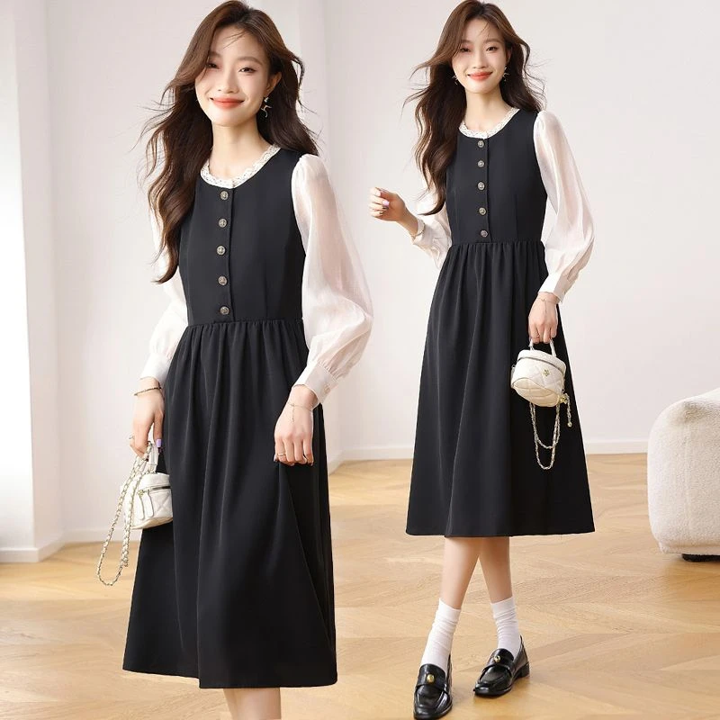 法式小香风连衣裙女秋季2025新款假两件收腰显瘦气质撞色a字裙子