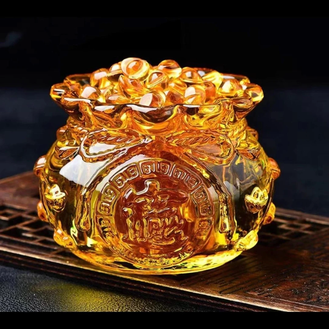 新聚宝盆水晶玻璃招财元宝聚财福袋琉璃摆件招财进宝钱袋家庭玄关