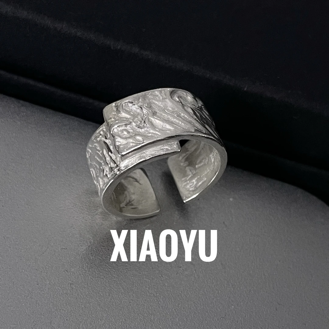 925银戒指 岩石凹凸不规则肌理开口戒指女ins简约纯银指环可调节
