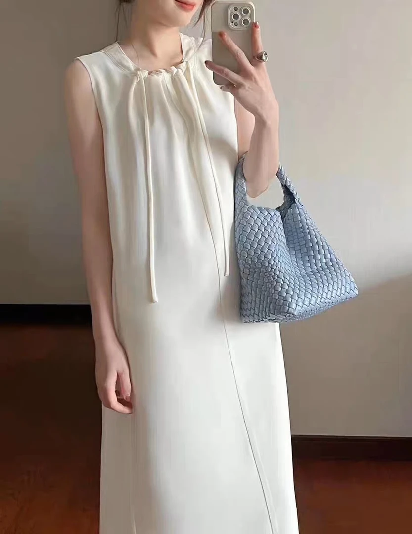 439茄茄子 抽褶皱系带领无袖背心裙极简度假风沙滩裙