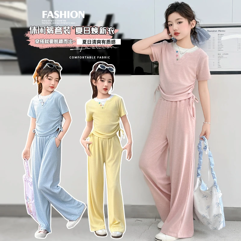 女童夏季彩扣假两件套装2025新款6-12岁15岁中大童洋气潮款两件套