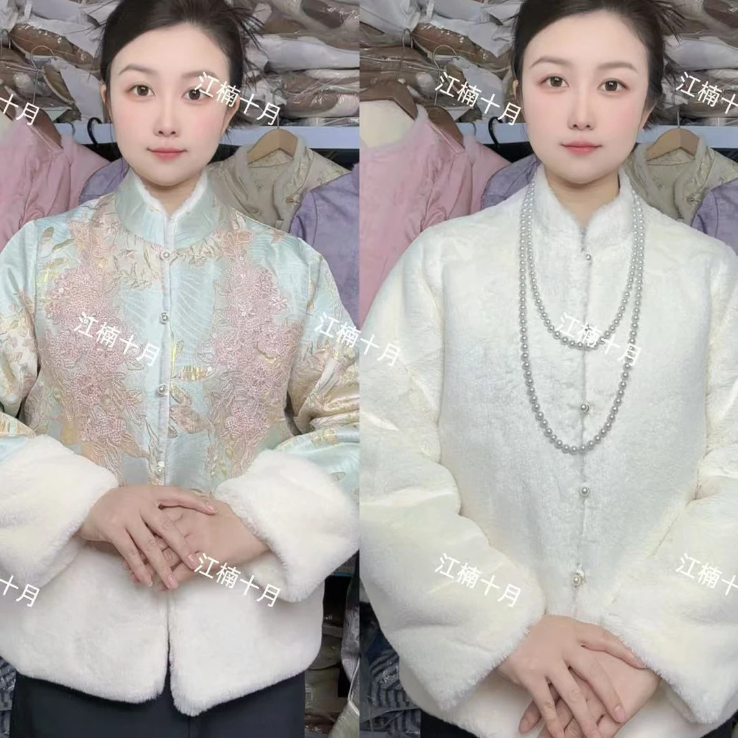 栀子花系列加绒加厚双面穿新中式中国风百搭手工亮片串珠长袖棉衣