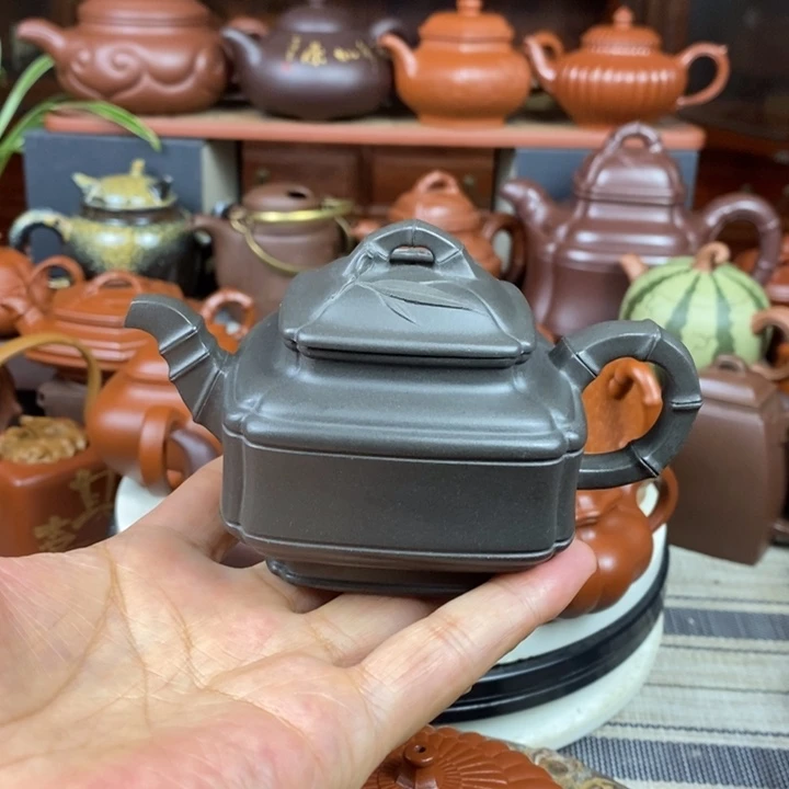 紫砂茶壶四方竹鼓200cc原矿古天青紫砂双十一特价