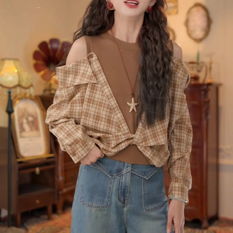 港风复古假俩件针织秋季2025早秋百搭衬衫设计感小众潮流女