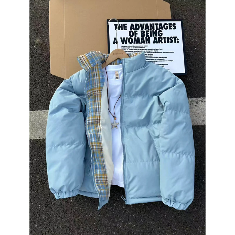 蓝色格子拼接棉服男冬季加厚保暖立领面包服cleanfit情侣棉衣外套