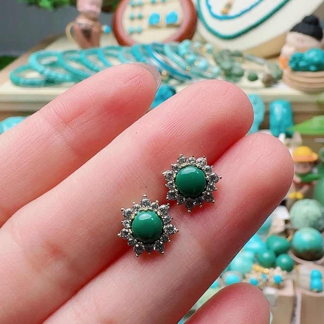 绿松石未镶嵌高瓷玉化绿精品耳钉