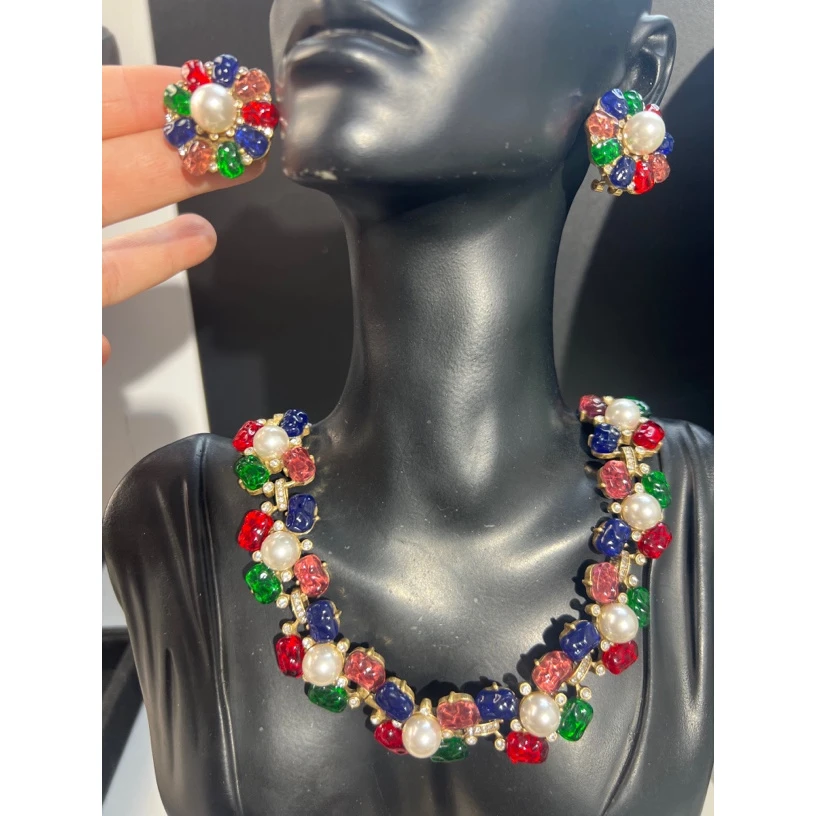 铜合金琉璃项链 铜合金黑色多彩果冻琉璃项链红色饰品耳环套装