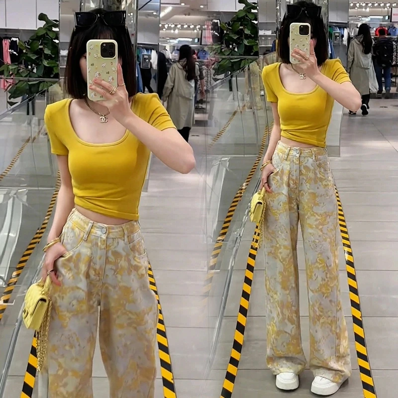 时尚休闲套装女2025夏季新款洋气显瘦短袖上衣印花阔腿裤两件套