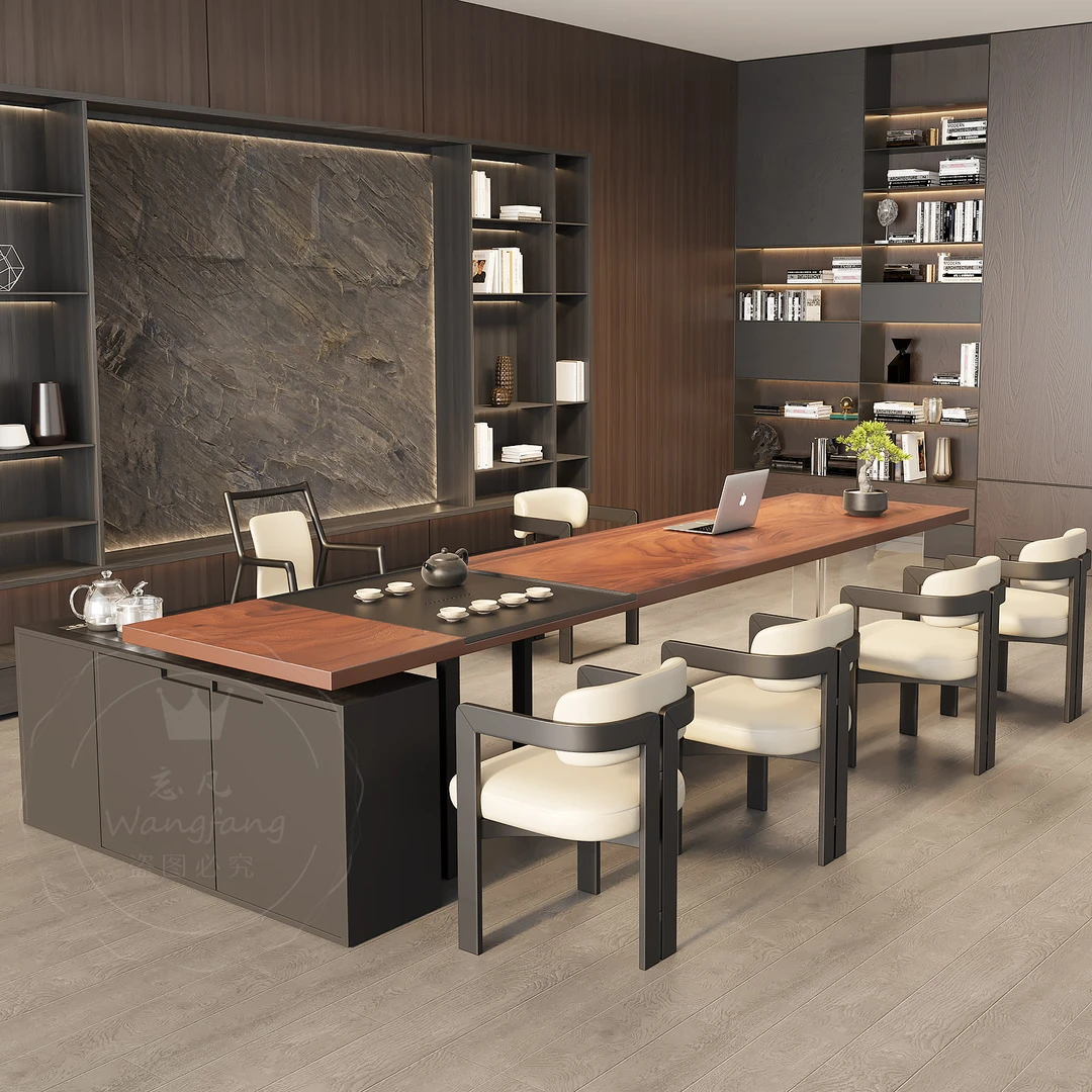 中古风高级感大型老板接待泡茶桌茶台一整套办公桌电脑桌茶桌一体