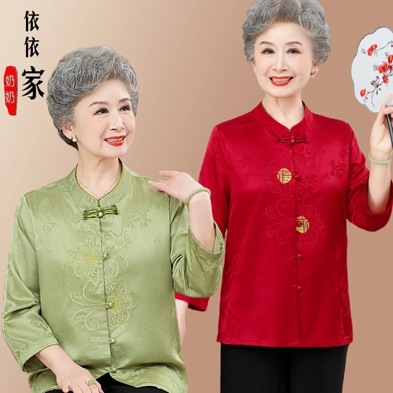 中老年衬衫女中袖上衣新中式妈妈衬衣2025夏开衫老人奶奶衣服国风
