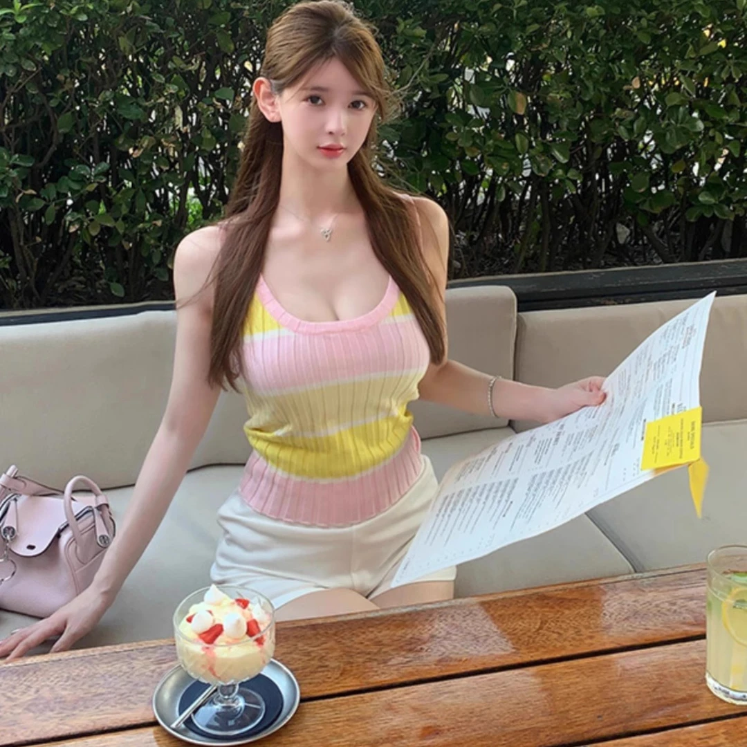 【工厂直销】黄粉纯欲风辣妹性感吊带背心女夏季新款修身显瘦上衣