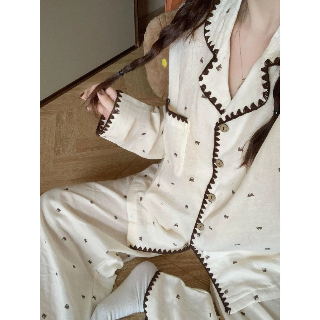 【小熊妮妮】秋季韩系简约小熊印花刺绣长袖可外穿女睡衣