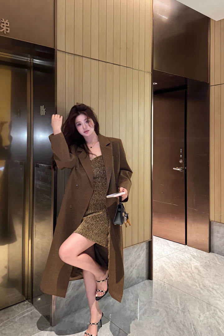 微胖mm韩版宽松毛呢大衣女双排扣棕色复古显瘦中长款呢子外套