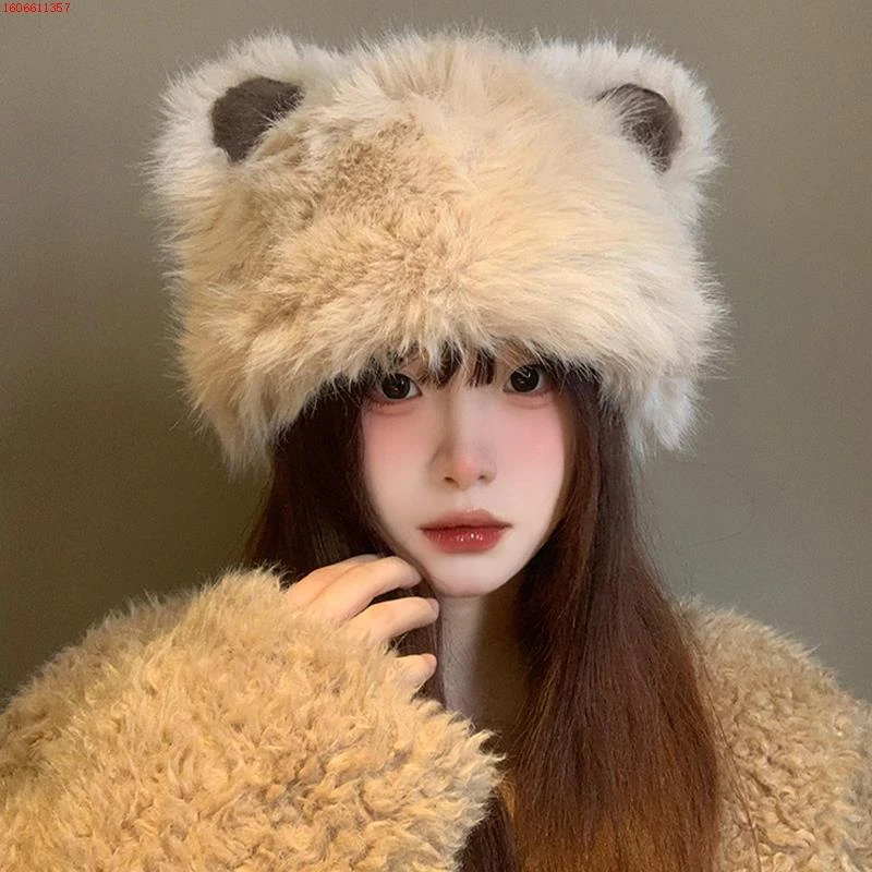 可爱小熊耳朵毛绒帽子女秋冬季加绒保暖韩版显脸小护耳套头帽百搭