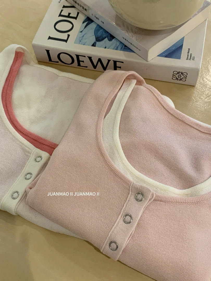 【奶芙抱抱】粉色假两件长袖t恤女春秋新款韩系软糯独特针织上衣